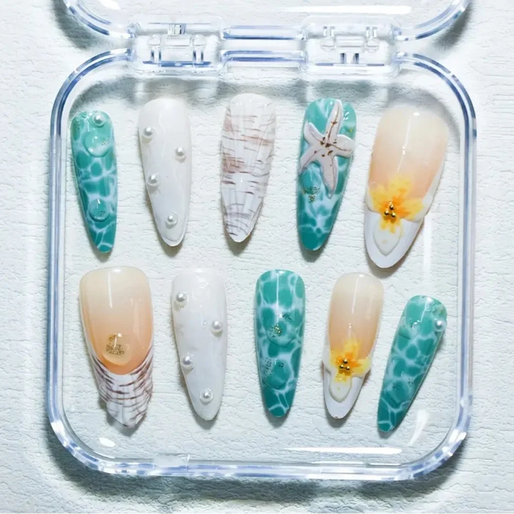 Elegant Ocean Press On Nail Art Set Blue & Cream 10 pc Long Length Reusable NWT